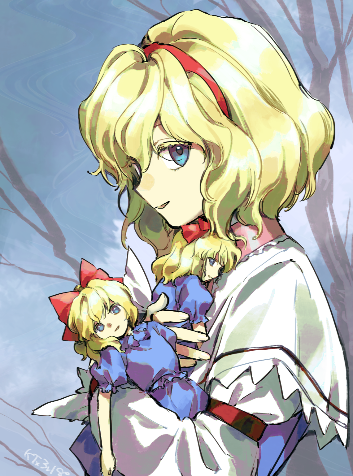 kaigen 1025, alice margatroid, shanghai doll, perfect cherry blossom, touhou, commentary request, highres, 1girl, blonde hair, blue dress, blue eyes, bow, capelet, colored eyelashes, doll, dress, hair bow, hairband, holding, holding doll, lolita hairband, looking at viewer, open mouth, outdoors, red bow, red hairband, signature, solo, tree, wavy hair, white capelet
