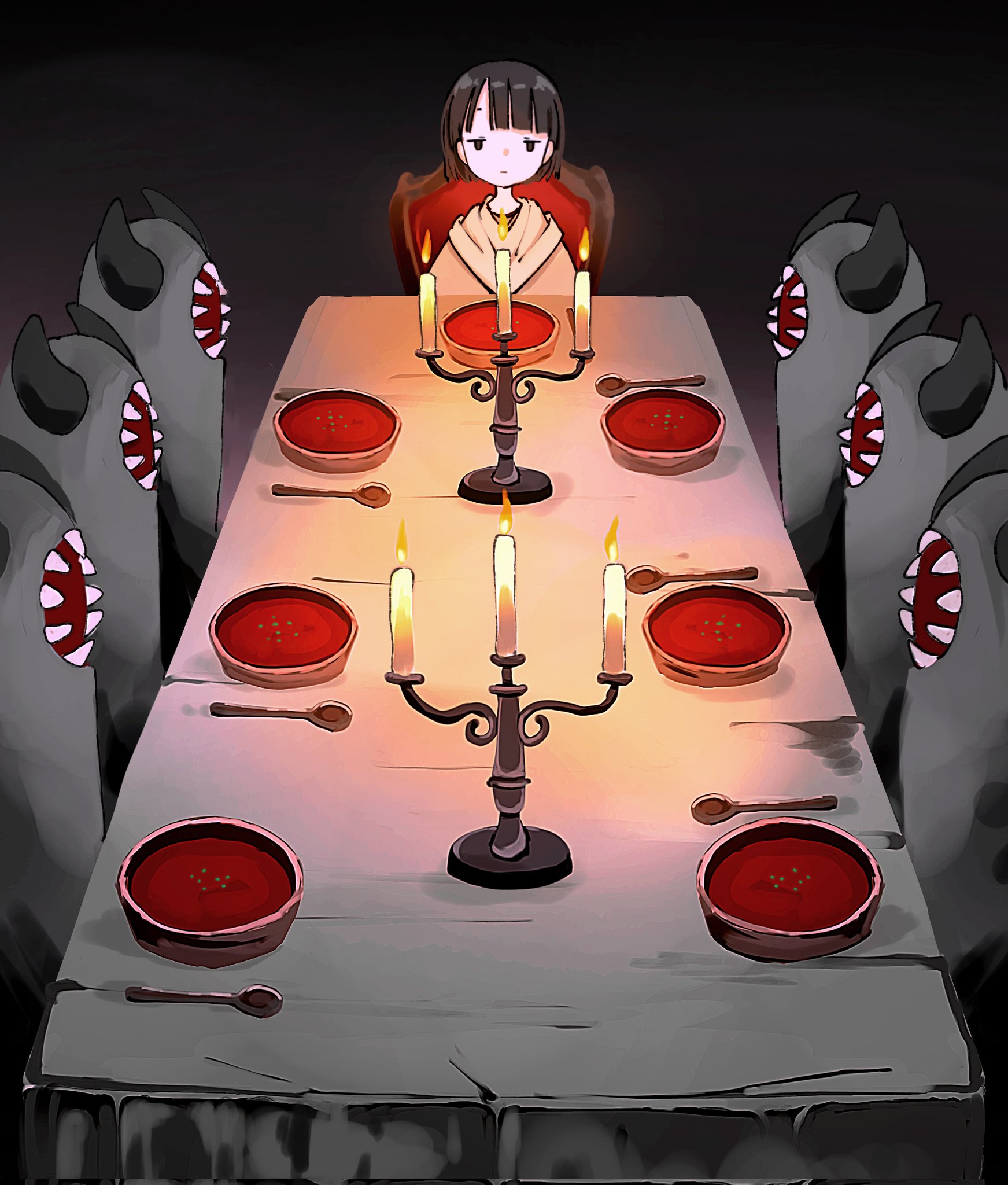 original, commentary request, highres, 1girl, black hair, bowl, candle, candlestand, chair, expressionless, fire, food, horns, jitome, kodama madako, monster, sharp teeth, short hair, soup, spoon, table, tablecloth, teeth