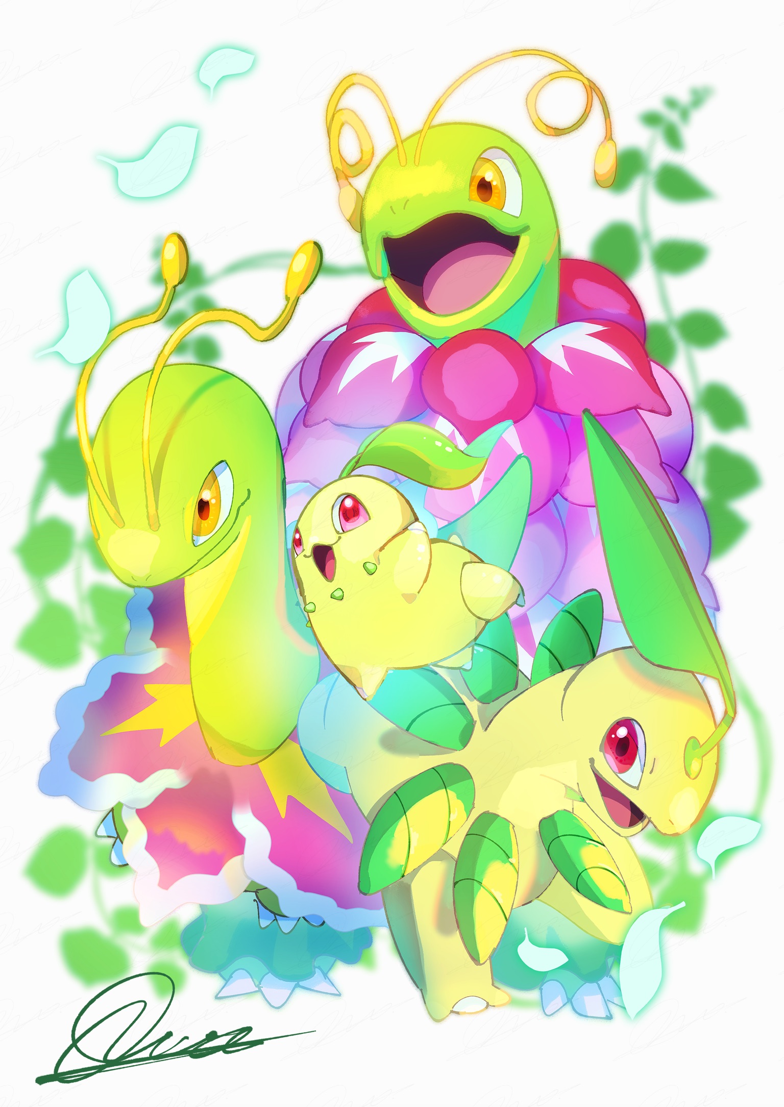 qua, bayleef, chikorita, mega meganium, meganium, nintendo, pokemon, commentary request, highres, antennae, closed mouth, colored skin, evolutionary line, flower, gen 2 pokemon, green skin, leaf, long neck, mega pokemon, neck flower, no humans, open mouth, pokemon (creature), pokemon focus, red eyes, sauropod, smile, tail, yellow eyes