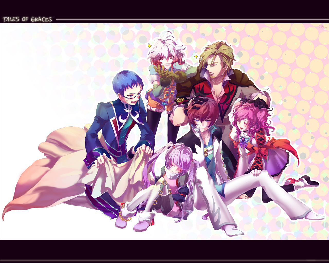 tom@tog, asbel lhant, cheria barnes, hubert ozwell, malik caesars, pascal (tales), sophie (tales), tales of (series), tales of graces, bad id, bad pixiv id, 3boys, 3girls, blue hair, brothers, brown hair, copyright name, glasses, gradient hair, multicolored hair, multiple boys, multiple girls, purple hair, purple skirt, red hair, siblings, skirt, twintails, two side up, white hair