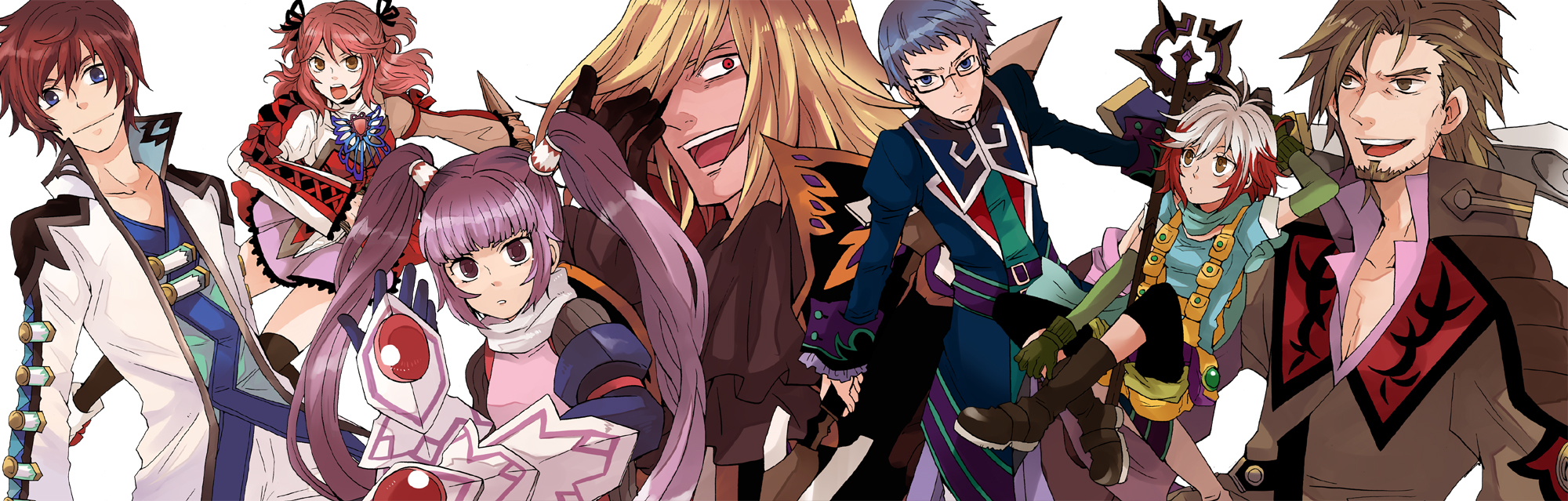 sudachips, asbel lhant, cheria barnes, hubert ozwell, malik caesars, pascal (tales), richard (tales), sophie (tales), tales of (series), tales of graces, bad id, bad pixiv id, highres, long image, wide image, 3girls, 4boys, blue hair, brothers, brown hair, gauntlets, glasses, multiple boys, multiple girls, purple hair, red hair, siblings, twintails, two side up, white background, white hair