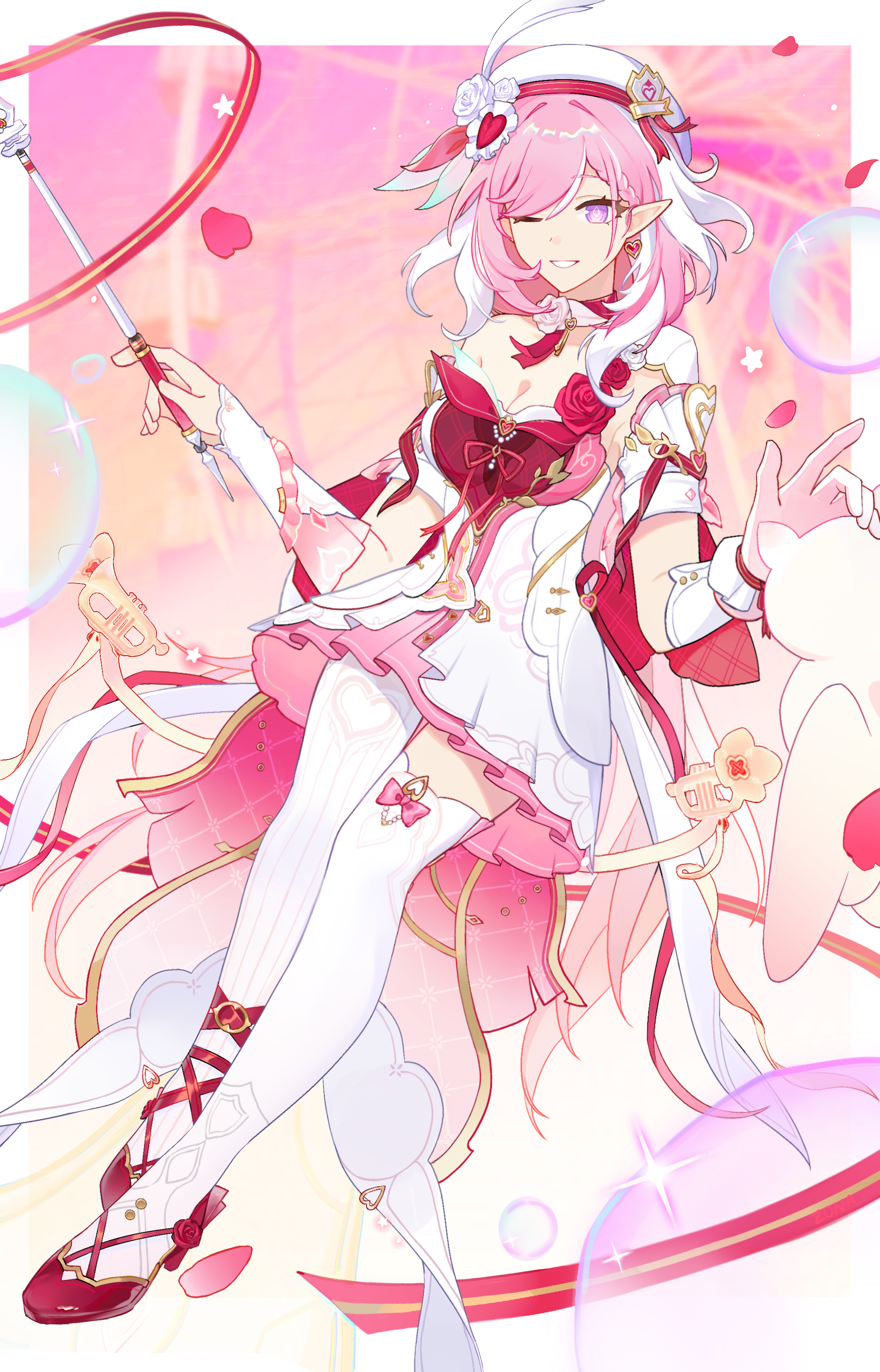 elysia (hi love elf) (honkai impact), elysia (honkai impact), honkai (series), honkai impact 3rd, absurdres, highres, revision, 1girl, ;), beret, border, breasts, cleavage, diamond-shaped pupils, diamond (shape), dress, elf, gloves, hat, high heels, holding, holding wand, large breasts, long hair, missing commentary, multicolored dress, multicolored hair, one eye closed, pantyhose, pink background, pink gloves, pink hair, pointy ears, purple eyes, red dress, single glove, single leg pantyhose, single thighhigh, smile, solo, symbol-shaped pupils, thighhighs, two-tone dress, two-tone hair, very long hair, wand, white border, white dress, white hair, white pantyhose, white thighhighs, zona