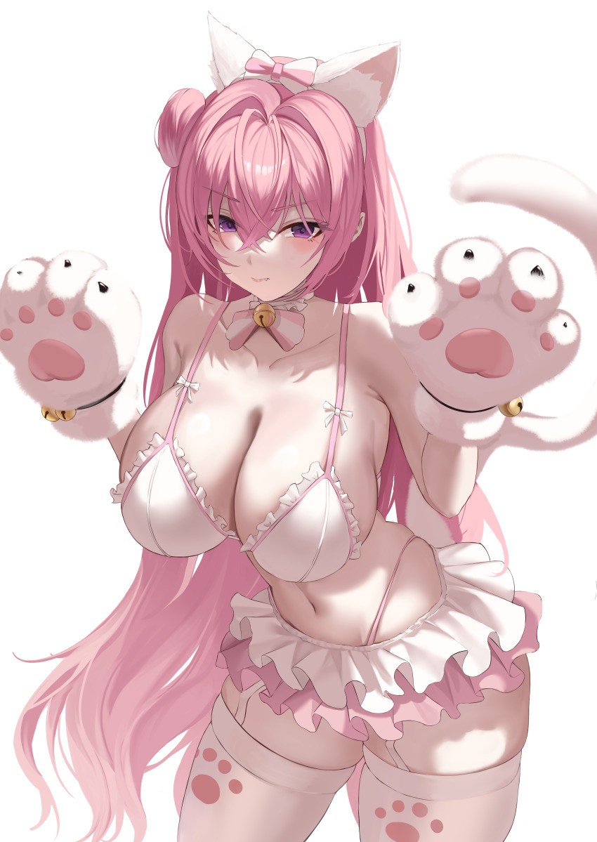 sami (ami12702752), dorothy (nikke), goddess of victory: nikke, absurdres, commentary request, highres, 1girl, animal ears, animal hands, bra, breasts, cat ears, cat tail, cleavage, fake animal ears, fake tail, gloves, large breasts, long hair, looking at viewer, midriff, navel, panties, panty straps, paw gloves, paw print, pink hair, purple eyes, simple background, skirt, solo, tail, thighhighs, thighs, underwear, very long hair, white background, white bra, white panties, white skirt, white thighhighs