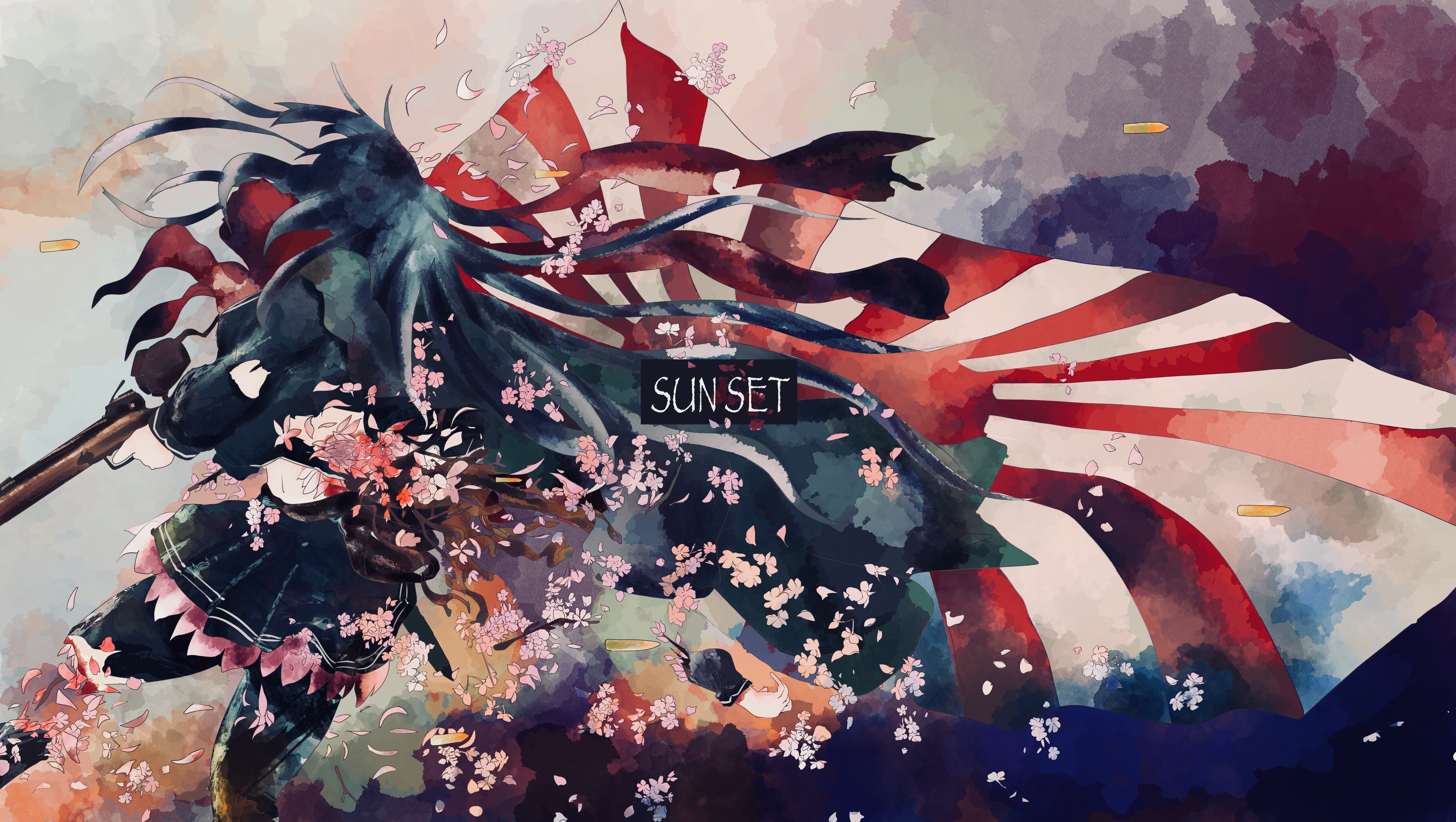 todoroki mushi, type 100 (girls' frontline), girls' frontline, absurdres, highres, 1girl, black hair, cherry blossoms, flag, gun, imperial japanese army, japanese flag, long hair, petals, red scarf, rifle, rising sun flag, scarf, skirt, solo, sunburst, sunburst background, weapon