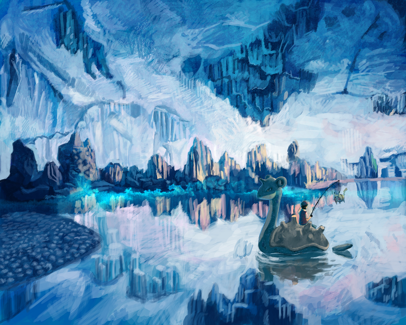 abe (jump), lapras, pikachu, red (pokemon), nintendo, pokemon, pokemon rgby, 1990s (style), 1boy, baseball cap, blue theme, cave, fishing rod, gen 1 pokemon, hat, holding, holding fishing rod, male focus, pokemon (creature), reflection, retro artstyle, water