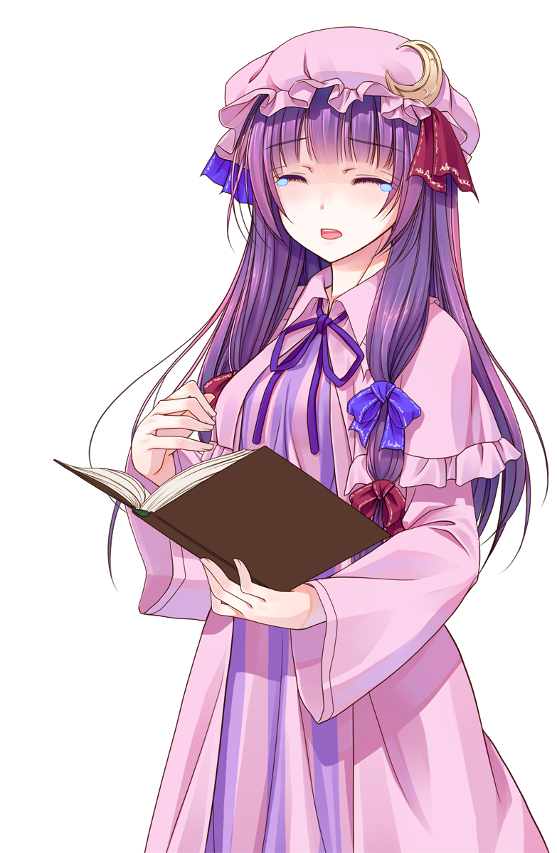 crote, patchouli knowledge, touhou, commentary request, highres, large variant set, variant set, 1girl, blue bow, blush, book, bow, closed eyes, cowboy shot, crescent, crescent hat ornament, dress, facing viewer, hair bow, hat, hat ornament, holding, holding book, long hair, long sleeves, mob cap, neck ribbon, open mouth, parted lips, pink hat, pink robe, purple hair, purple ribbon, red bow, ribbon, robe, solo, striped clothes, striped dress, tachi-e, tearing up, teeth, transparent background, upper teeth only, vertical-striped clothes, vertical-striped dress