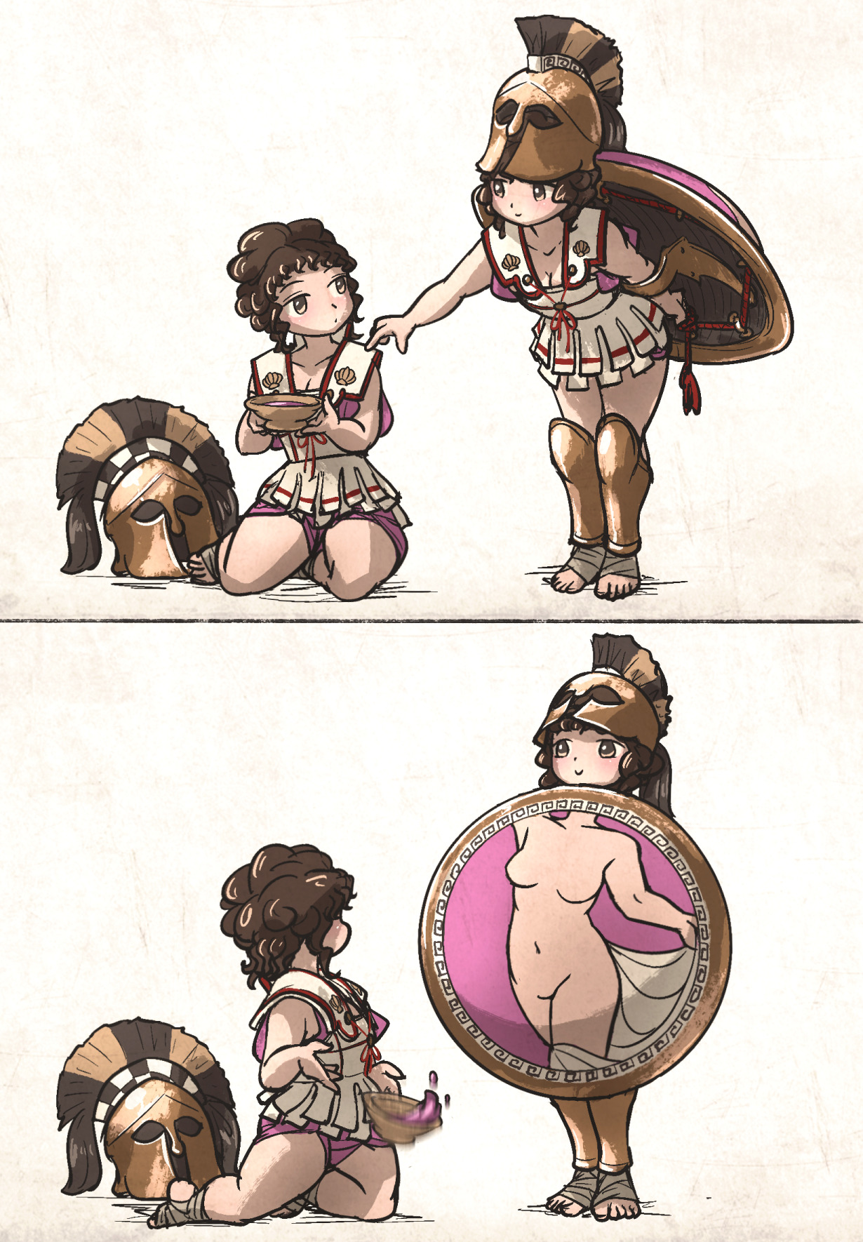 ironlily, hoplitissa (ironlily), original, commentary, english commentary, highres, 2girls, armor, arms behind back, aspis, blush, bowl, breasts, brown eyes, brown hair, cleavage, corinthian helmet, curly hair, dropping, english text, foot wraps, greaves, greek armor, holding, holding bowl, hoplite, linothorax, medium breasts, multiple girls, plume, scabbard, shadow, sheath, shield, shoulder armor, sword, tapping shoulder, thick thighs, thighs, weapon, white background, yuri