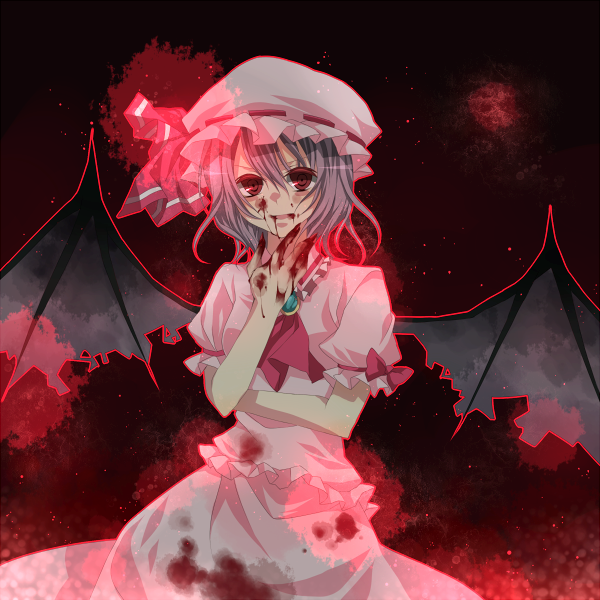 tsukioka tsukiho, remilia scarlet, touhou, bad id, bad pixiv id, 1girl, bat wings, blood, blood on face, dress, female focus, gradient background, hat, pink dress, red eyes, solo, wings