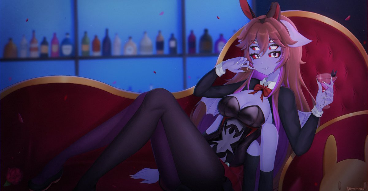 animal ear hairband, animal ears, arthropod girl, black leotard, brown hair, colored skin, couch, dante will, dante will (bunny), dante will (spider), detached sleeves, extra arms, extra eyes, fake animal ears, fingernails, hairband, insect girl, koimyas, leotard, monster girl, neobaka, on couch, open clothes, open leotard, purple skin, rabbit ear hairband, rabbit ears, sharp fingernails, smile, spider girl, strapless, strapless leotard, two-tone pantyhose, wings