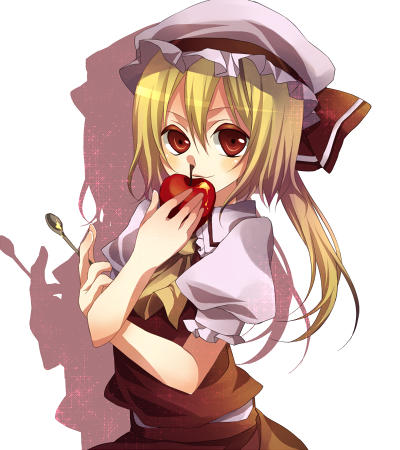 tsukioka tsukiho, flandre scarlet, touhou, bad id, bad pixiv id, lowres, 1girl, apple, ascot, female focus, food, fruit, hair between eyes, hat, mob cap, simple background, solo, spoon, standing, white background, yellow ascot