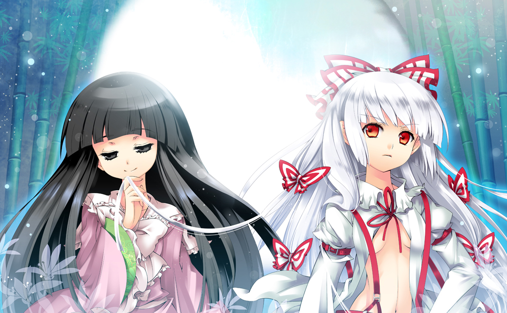 aya003030, fujiwara no mokou, houraisan kaguya, touhou, bad id, bad pixiv id, 2girls, bamboo, bamboo forest, black eyes, black hair, bow, breasts, cleavage, dress, dress shirt, female focus, forest, full moon, hair bow, hair ribbon, long hair, moon, multiple girls, multiple hair bows, nature, navel, night, no bra, open clothes, open shirt, red eyes, ribbon, shirt, smile, suspenders, twirling hair, very long hair, white hair