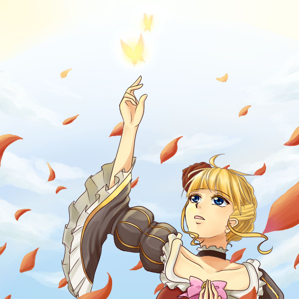 maricchi, beatrice (umineko), umineko no naku koro ni, bad id, bad pixiv id, 1girl, bow, bug, butterfly, cloud, day, female focus, insect, petals, pink bow, sky, solo