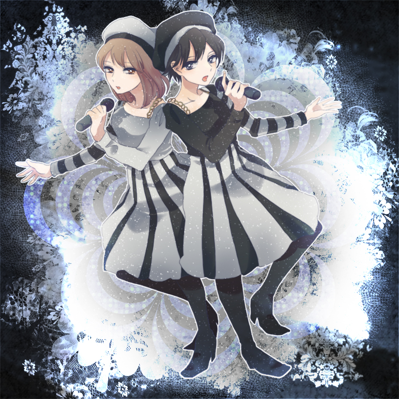 inoguchinko, hagiwara yukiho, kikuchi makoto, idolmaster, idolmaster (classic), bad id, bad pixiv id, 2girls, beret, black hair, blue eyes, brown eyes, brown hair, dress, hat, high heels, microphone, multiple girls, pantyhose, shoes, short hair