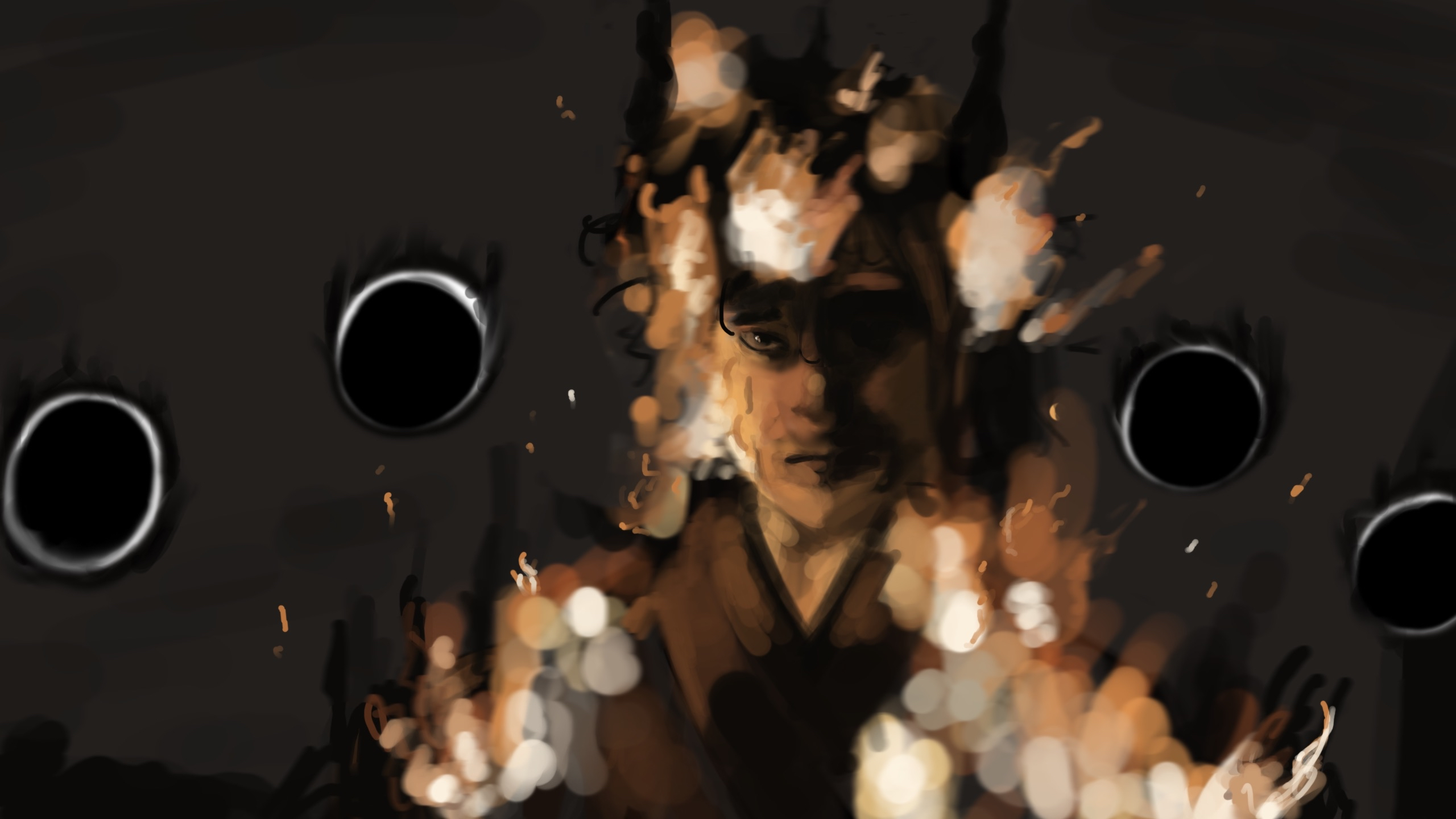 sunny (shadow slave), shadow slave, commentary, english commentary, highres, 1boy, black eyes, black robe, black tunic, blurry, bokeh, burning, depth of field, eclipse, embers, facing viewer, fire, horns, light frown, male focus, multiple moons, mystichromatic, official alternate costume, partially shaded face, robe, solo, tunic, upper body