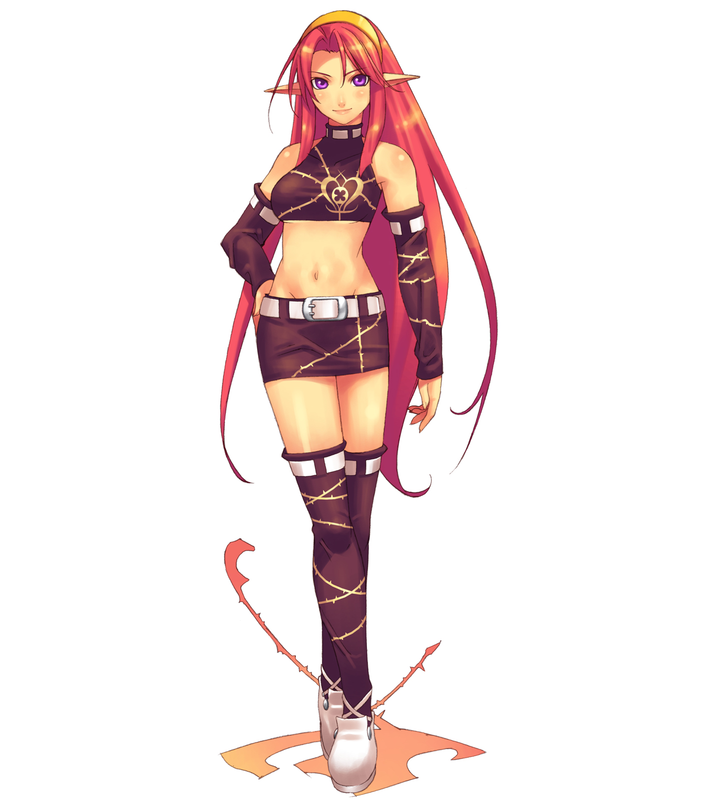 hirano katsuyuki, rosette (spectral souls), spectral (series), spectral souls, highres, 1girl, bare shoulders, detached sleeves, elf, female focus, groin, hairband, long hair, midriff, miniskirt, navel, pencil skirt, pointy ears, purple eyes, red hair, skirt, solo, thighhighs, very long hair, white background, zettai ryouiki