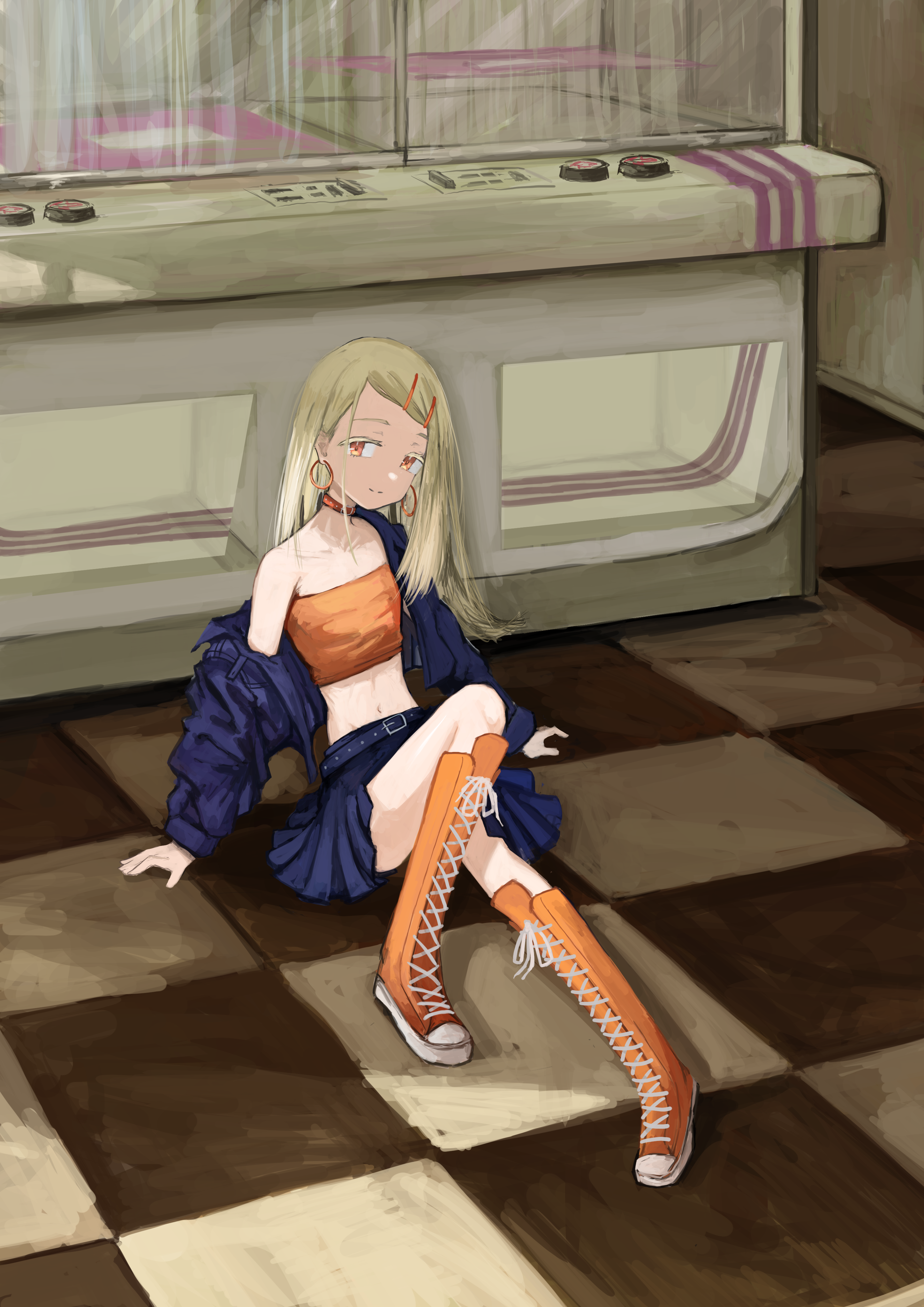 k6tetsu, shinosawa hiro, gakuen idolmaster, idolmaster, absurdres, commentary request, highres, 1girl, arcade cabinet, belt, black belt, black jacket, black skirt, blonde hair, boots, closed mouth, collar, colored eyelashes, earrings, full body, hair ornament, hairclip, hoop earrings, jacket, jewelry, knee boots, knee up, lace-up boots, long hair, looking at viewer, midriff, miniskirt, on floor, open clothes, open jacket, orange boots, orange eyes, orange tube top, parallel hairclips, parted bangs, pleated skirt, single off shoulder, sitting, skirt, smile, solo, split mouth, strapless, tube top