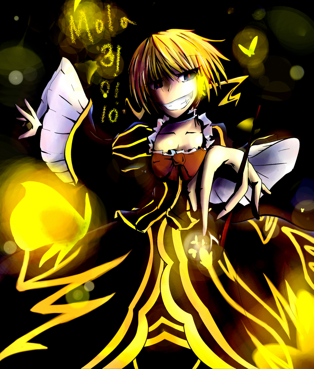 beatrice (umineko), umineko no naku koro ni, bad id, bad pixiv id, 1girl, blonde hair, blue eyes, bug, butterfly, choker, dress, fang, female focus, glowing, glowing eyes, grin, insect, kiseru, smile, smoking pipe, solo