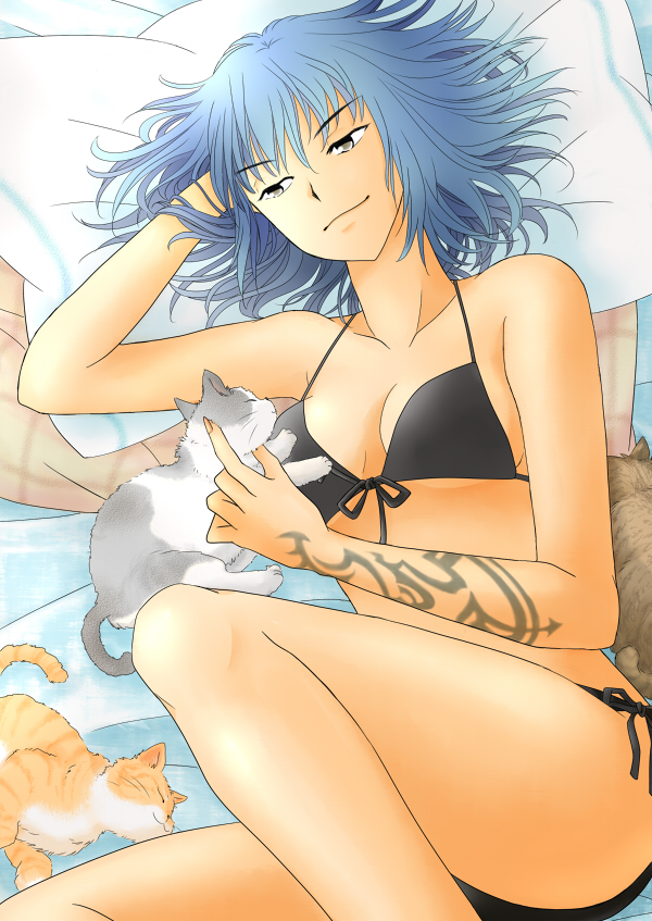 kurioneko, alphard (canaan), 428, 428: fuusa sareta shibuya de, canaan (series), chunsoft, bad id, bad pixiv id, bed, bikini, blue hair, brown eyes, cat, lying, pillow, solo, swimsuit, tattoo
