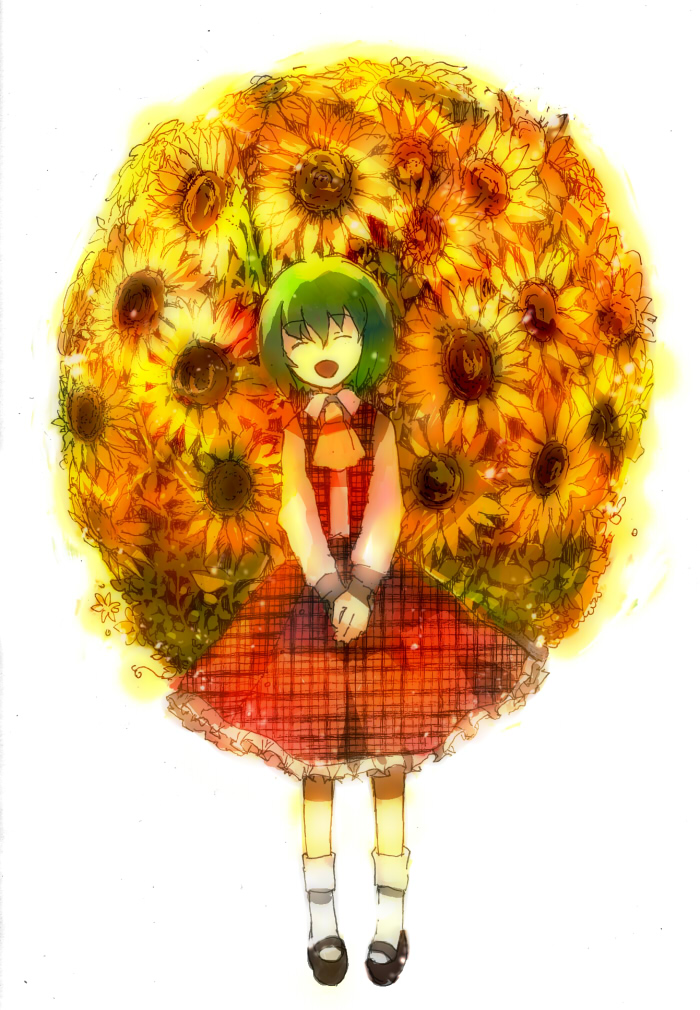 tsuchiya akira, kazami yuuka, touhou, 1girl, :d, ascot, circle, closed eyes, female focus, flower, full body, green hair, mary janes, open mouth, pigeon-toed, plaid clothes, plaid skirt, plaid vest, shoes, skirt, skirt set, smile, solo, standing, sunflower, unmoving pattern, vest, white background