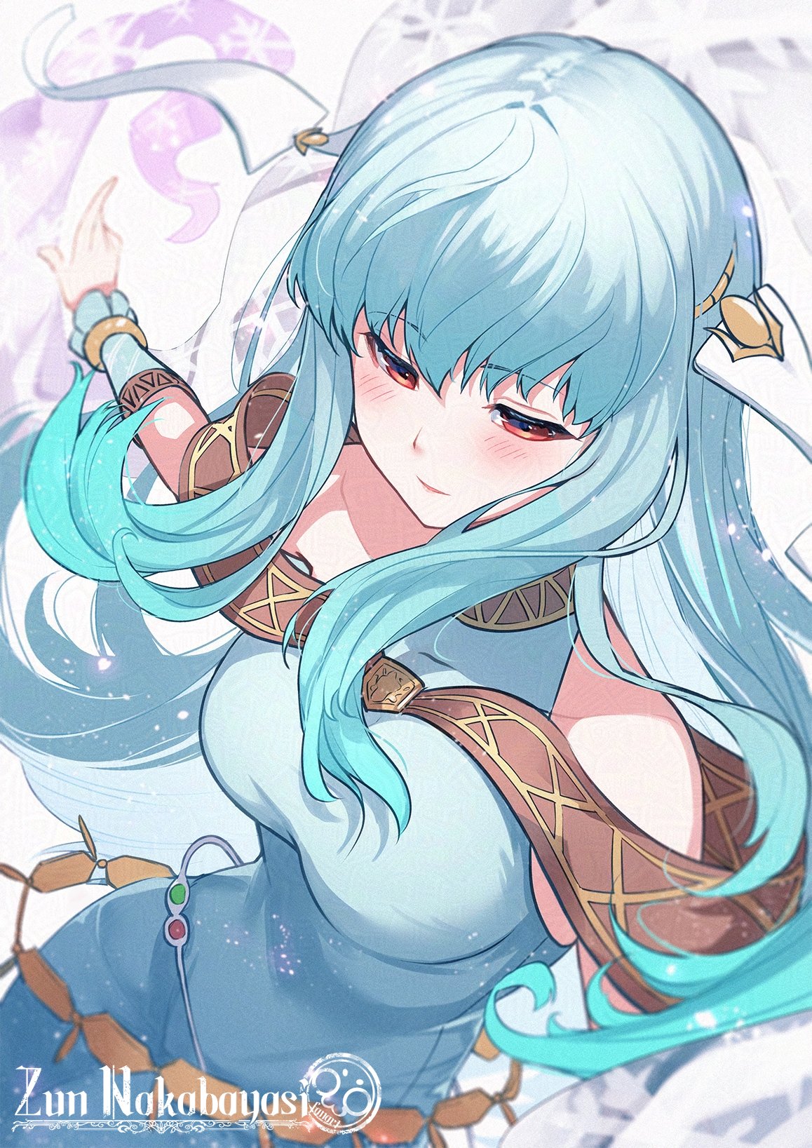nakabayashi zun, ninian (fire emblem), fire emblem, fire emblem: the blazing blade, nintendo, commentary request, highres, 1girl, aqua hair, artist logo, artist name, bare shoulders, blue dress, blue hair, blurry, blush, bracelet, breasts, collarbone, dancer, dancing, depth of field, dress, dutch angle, from above, gradient hair, half-closed eyes, jewelry, large breasts, light particles, logo, long hair, looking down, multicolored hair, red eyes, sleeveless, sleeveless dress, smile, solo, veil, very long hair