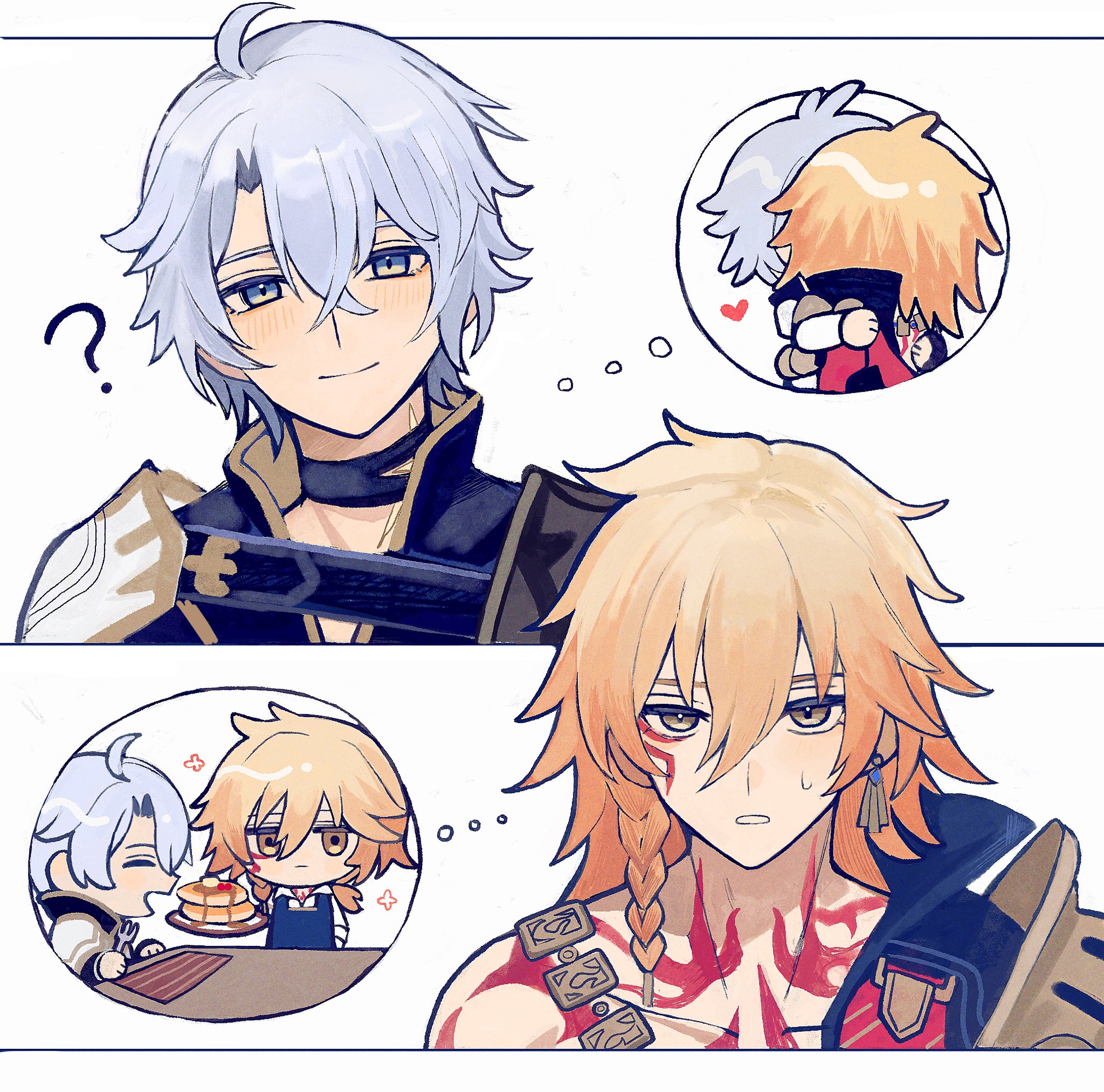 mydei (honkai: star rail), phainon (honkai: star rail), honkai: star rail, honkai (series), commentary request, highres, 2boys, ?, antenna hair, arm tattoo, armlet, armor, black choker, black coat, black shirt, blonde hair, blue eyes, blush, braid, chest tattoo, chibi, choker, coat, earrings, facial tattoo, gold earrings, gold necklace, gradient hair, hug, jewelry, male focus, medium hair, multicolored hair, multiple boys, neck tattoo, necklace, open clothes, open coat, parted bangs, pauldrons, red hair, red tattoo, shirt, short hair, shoulder armor, side braid, single pauldron, spoken character, st mf, sun symbol, sun tattoo, sweatdrop, tan, tattoo, white coat, white hair, yaoi, yellow eyes