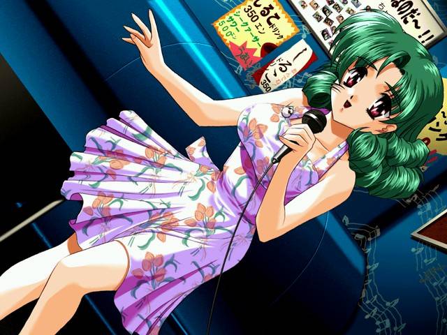 inaba yoshiki, kiyose emi, kimi ni steady, game cg, 1990s (style), 1girl, :d, bare shoulders, beamed quavers, bench, breasts, curly hair, dress, dutch angle, female focus, floral print, green hair, holding, indoors, karaoke, large breasts, looking at viewer, microphone, music, musical note, musical staff, open mouth, outstretched arm, parted bangs, pink eyes, pleated dress, quaver, retro artstyle, short dress, short hair, sign, singing, sleeveless, sleeveless dress, smile, solo, standing, sundress