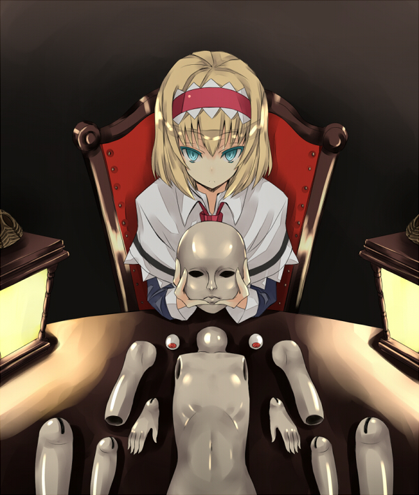 nabeshima tetsuhiro, alice margatroid, touhou, 1girl, blonde hair, blue eyes, colored eyelashes, doll, expressionless, female focus, hairband, short hair, solo, tsurime