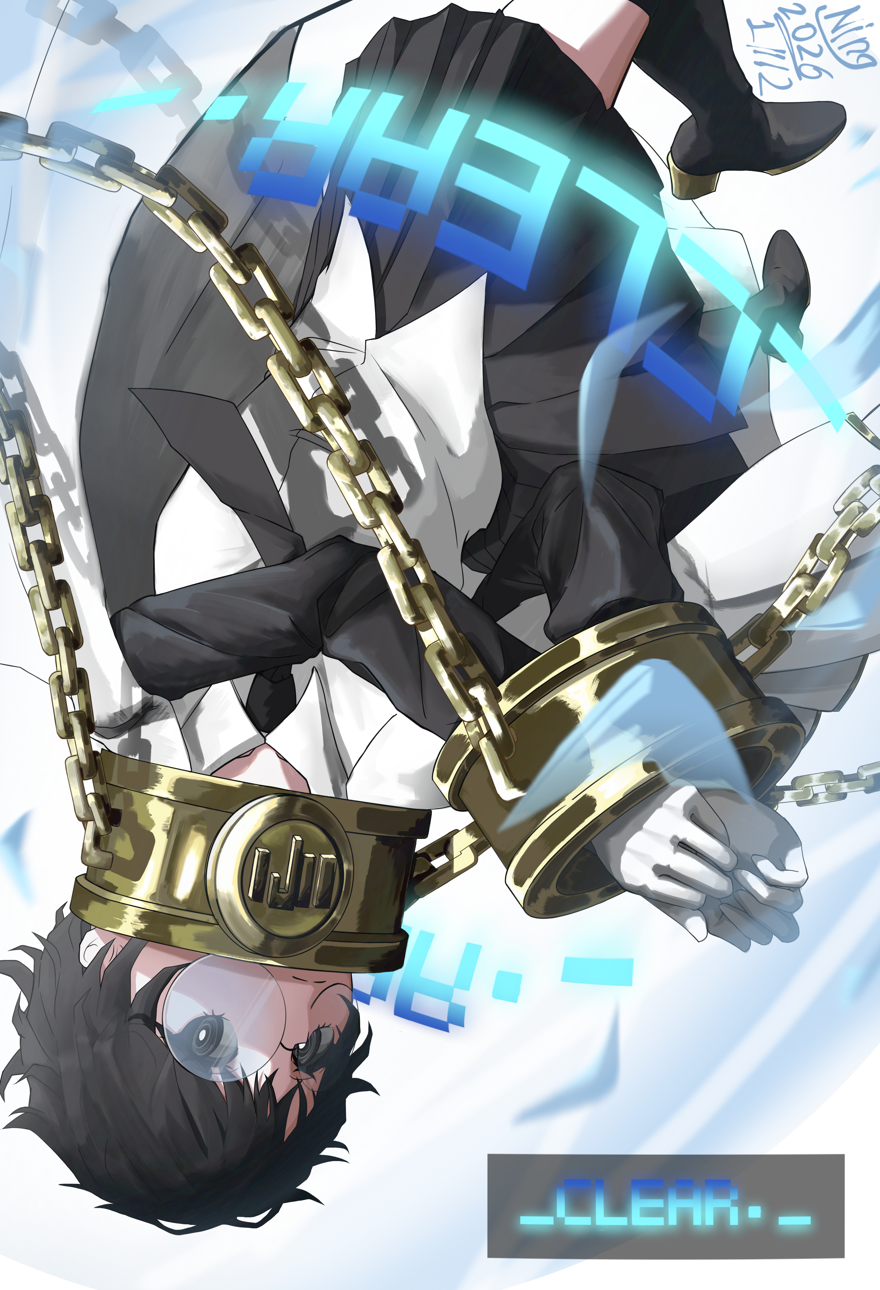 sora (project moon), limbus company, project moon, absurdres, commentary, highres, 1girl, black eyes, black hair, black necktie, black shoes, black skirt, black thighhighs, cape, chain, collar, cuffs, cuffs-to-collar, full body, glasses, gloves, looking at viewer, necktie, ning371, pleated skirt, round eyewear, shoes, simple background, skirt, solo, thighhighs, upside-down, white background, white cape, white gloves