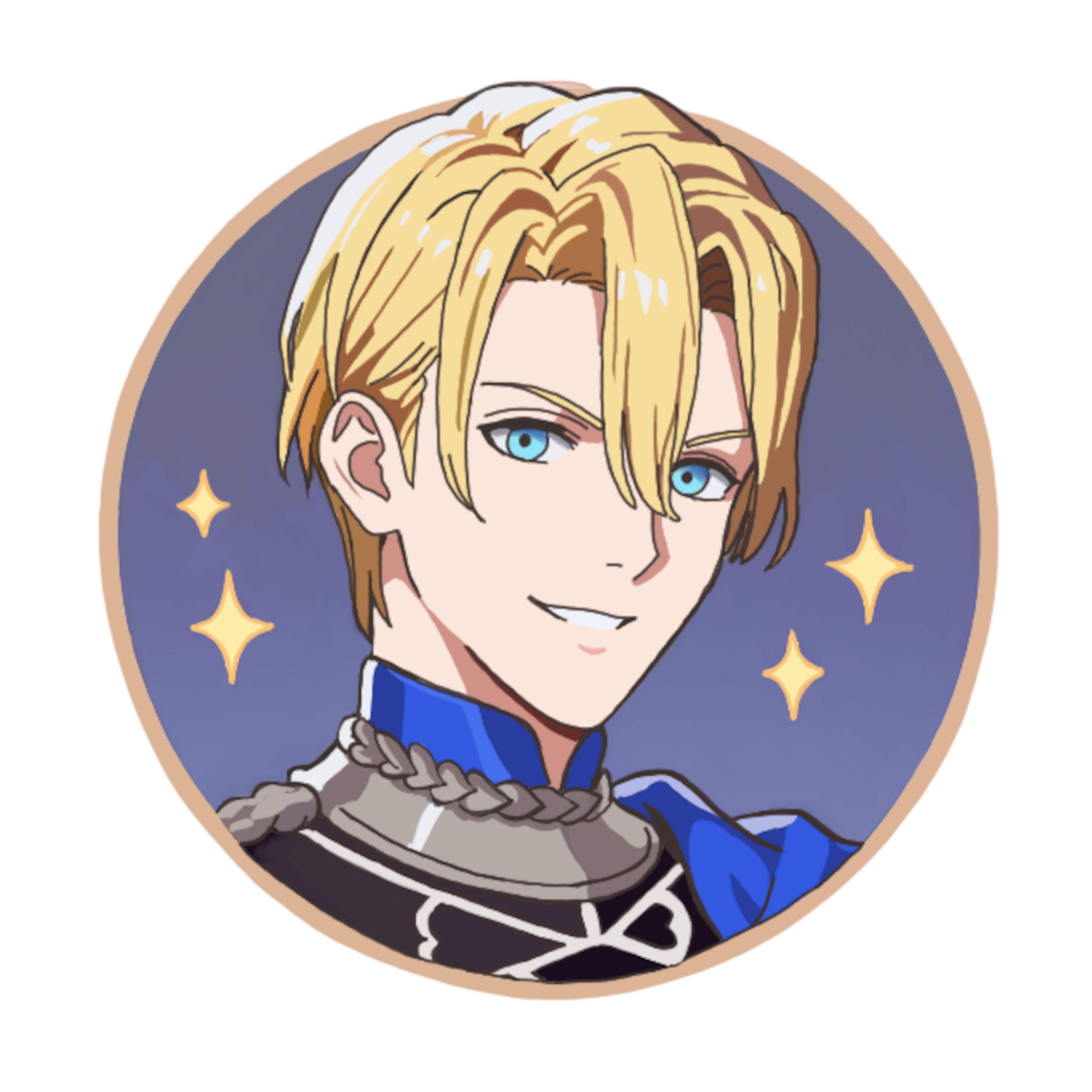 nekomoni, dimitri alexandre blaiddyd, fire emblem, fire emblem: three houses, nintendo, absurdres, commentary, english commentary, highres, 1boy, blonde hair, blue cape, blue eyes, cape, garreg mach monastery uniform, light smile, male focus, smile, solo, sticker