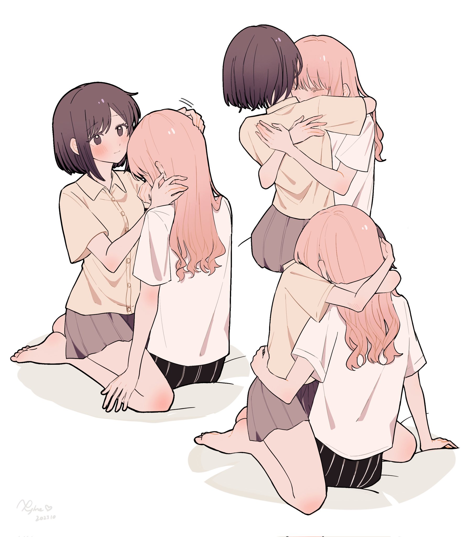 kyline, akiyama mizuki, shinonome ena, project sekai, hashtag-only commentary, highres, official art, 1girl, 1other, arms around neck, bob cut, brown hair, buttons, closed eyes, closed mouth, collared shirt, dark skin, dated, dress shirt, hair down, hug, long hair, other with female, pink hair, shirt, short hair, short sleeves, sitting, skirt, white background, white shirt, yellow shirt