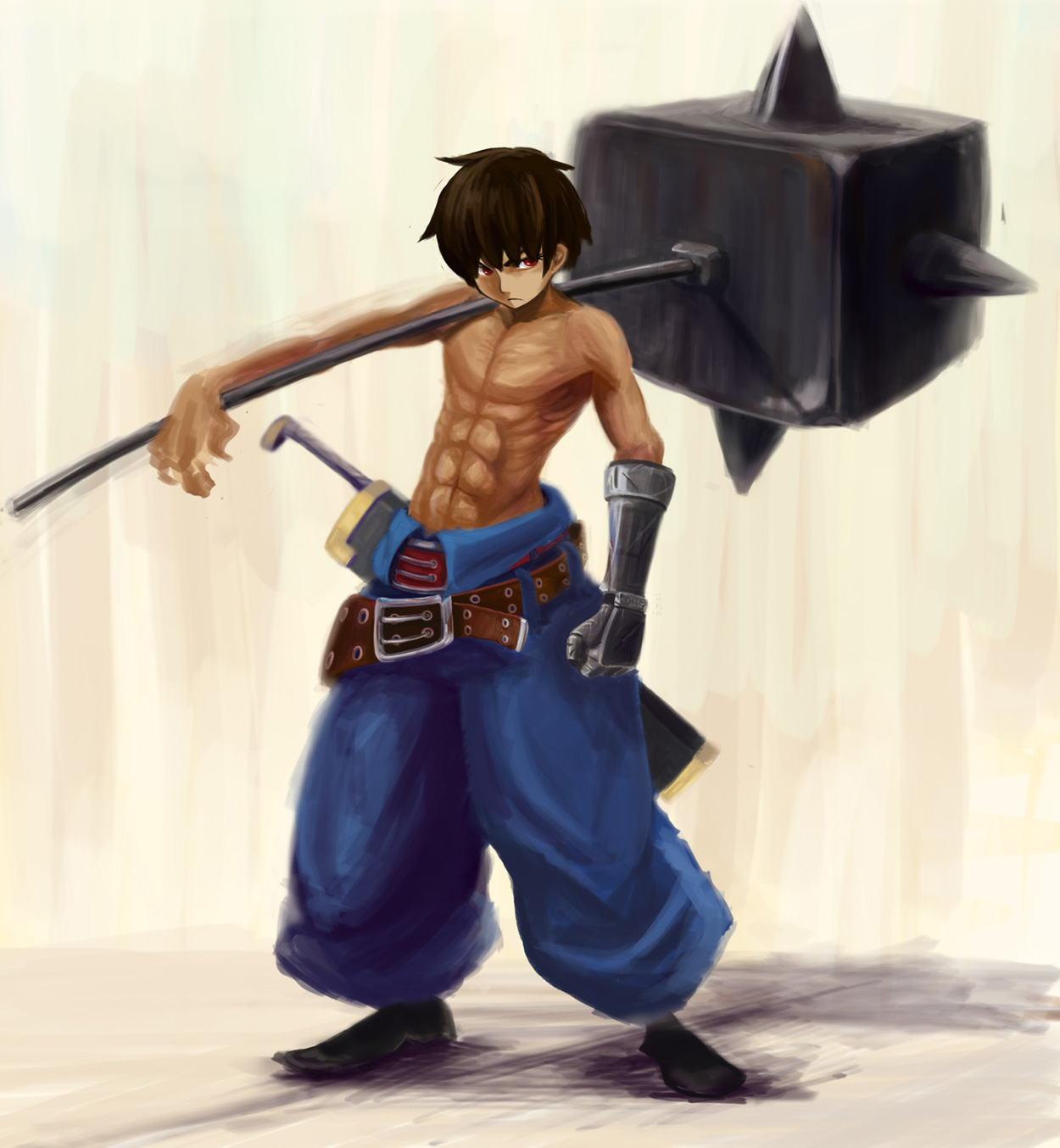 s-kan, bad id, bad pixiv id, highres, 1boy, brown hair, eyelashes, gloves, hammer, mace, male focus, red eyes, solo, weapon