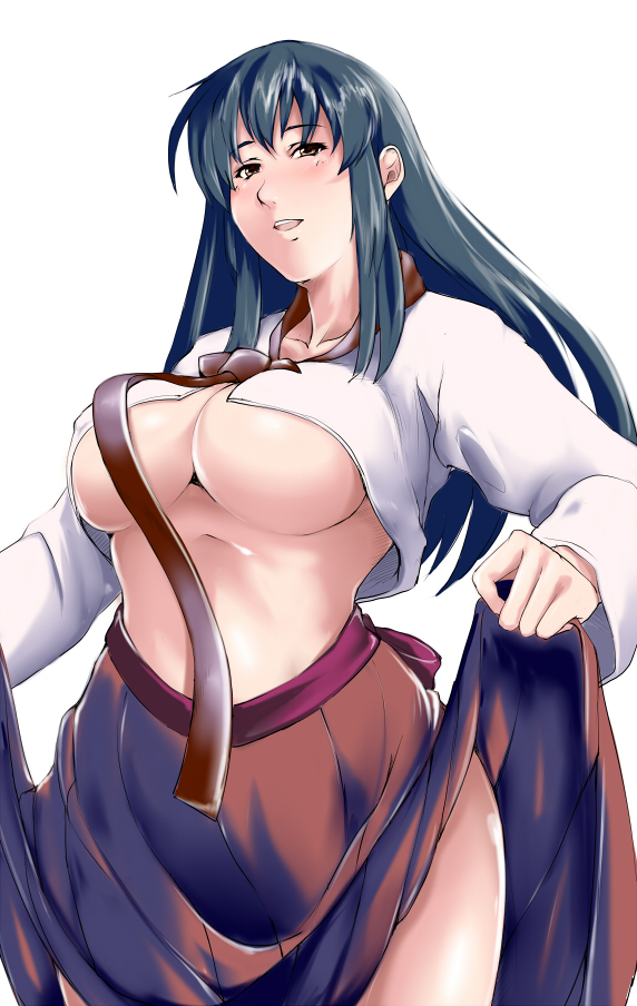 saruanu, nida, original, bad id, bad pixiv id, 1girl, black hair, breasts, brown eyes, clothes lift, female focus, flapper shirt, large breasts, long hair, shirt, skirt, skirt lift, solo, underboob