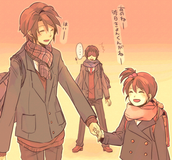 yaruse, koizumi itsuki, kyon, kyon no imouto, suzumiya haruhi no yuuutsu, bad id, bad pixiv id, translated, 1girl, 2boys, brother and sister, brown hair, holding hands, multiple boys, ponytail, scarf, school uniform, short hair, siblings