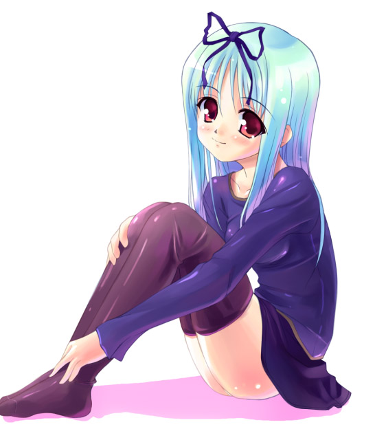 akamaru, aliceteru resuderu, koyoi mo meshimase alicetale, blue hair, blush, long hair, no panties, red eyes, sitting, solo, thighhighs, white background