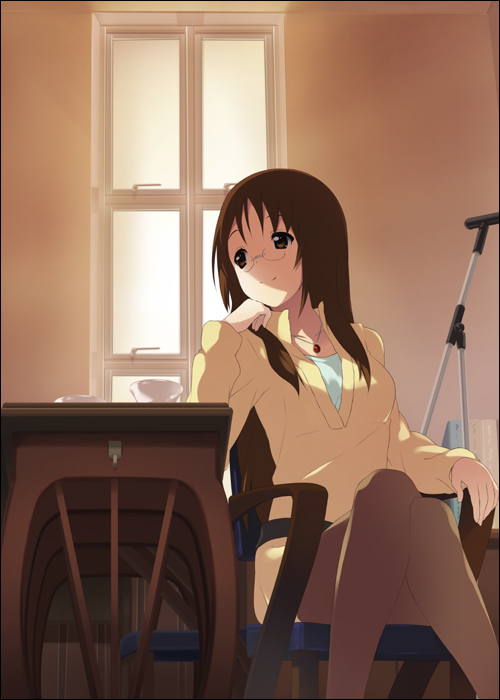 mizuki makoto, yamanaka sawako, k-on!, 1girl, brown eyes, brown hair, chair, crossed legs, dress, female focus, glasses, head rest, indoors, on chair, pantyhose, sitting, solo, sweater, sweater dress, teacher