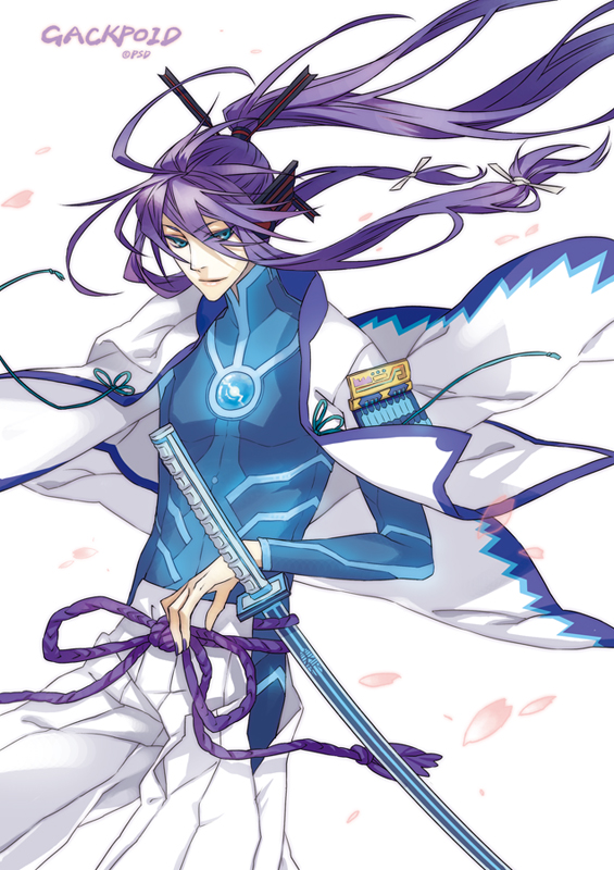 psd, kamui gakupo, vocaloid, bad id, bad pixiv id, 1boy, armor, bishounen, blue eyes, hair ribbon, headphones, japanese armor, japanese clothes, katana, long hair, male focus, ponytail, purple hair, ribbon, samurai, shoulder armor, sode, solo, sword, weapon