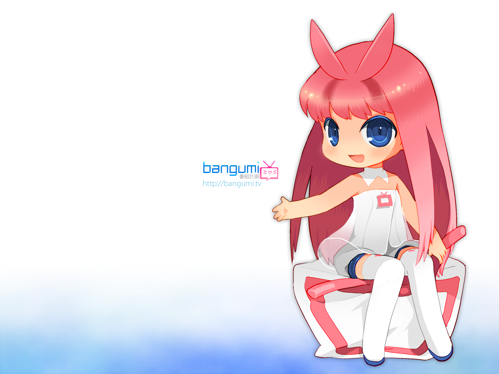 mao yu, bangumi girl, bangumi.tv, highres, 1girl, antenna hair, bangumi-tan, bare shoulders, blue eyes, female focus, long hair, pink hair, see-through clothes, solo, thighhighs, white thighhighs