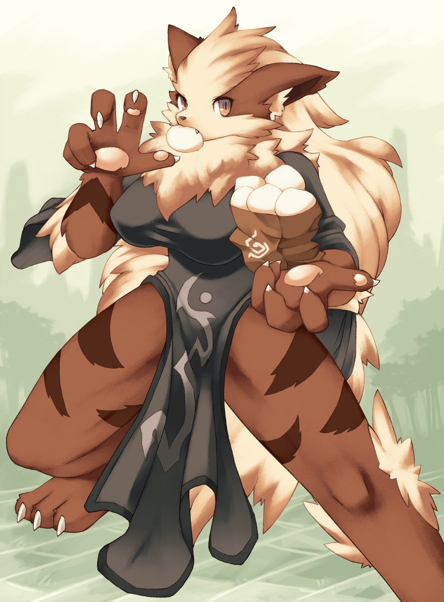 arcanine, fighter, nintendo, pokemon, gender request, highres, animal ears, china dress, chinese clothes, dress, fang, fighting stance, food, furry, gen 1 pokemon, genderswap, pokemon (creature), steamed bun, tail
