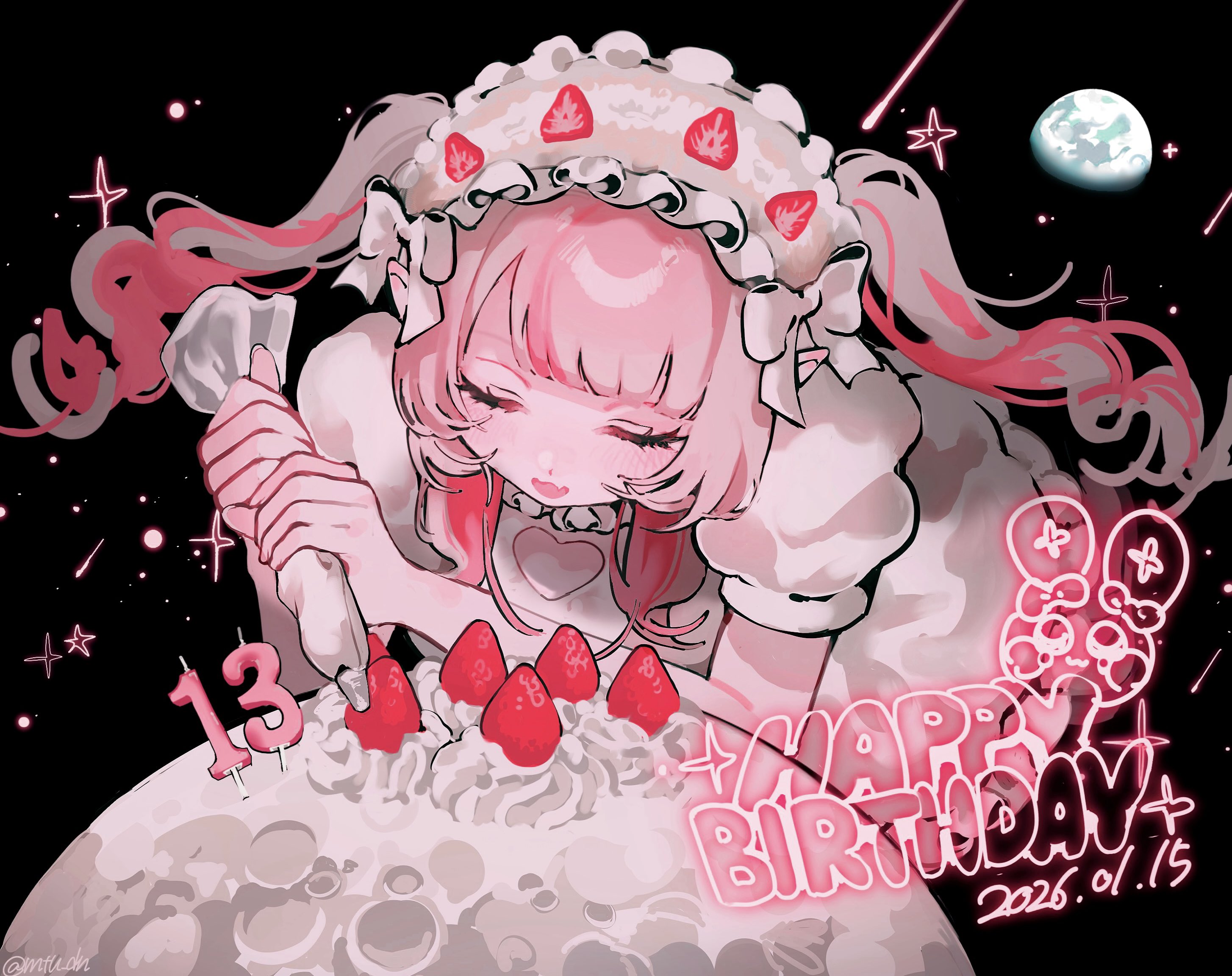 makaino ririmu, nijisanji, commentary, highres, symbol-only commentary, 1girl, alternate costume, cake, closed eyes, clothing cutout, dress, earth (planet), food, food-themed hair ornament, frilled hairband, frills, fruit, hair ornament, hairband, happy birthday, heart cutout, lolita hairband, long hair, moon, multicolored hair, pink hair, planet, powako (mtu dn), puffy short sleeves, puffy sleeves, short sleeves, solo, strawberry, streaked hair, two side up, virtual youtuber, whipped cream, white dress, white hairband