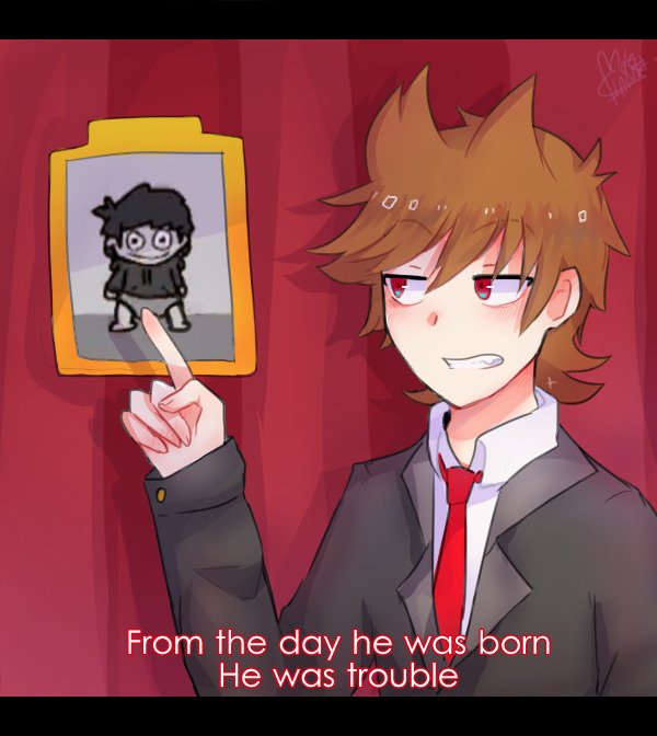 edd (eddsworld), eddsworld, commentary, derivative work, english commentary, screenshot redraw, 1boy, animification, antenna hair, black jacket, black suit, brown hair, collared shirt, curtains, english text, flipped hair, formal clothes, grin, hair behind ear, hair ears, jacket, jitome, letterboxed, light blush, long sleeves, male focus, molechan, necktie, official alternate costume, official art inset, picture frame, pointing, red eyes, red necktie, shirt, short hair, signature, smile, solo, suit, tord (eddsworld), upper body, white shirt