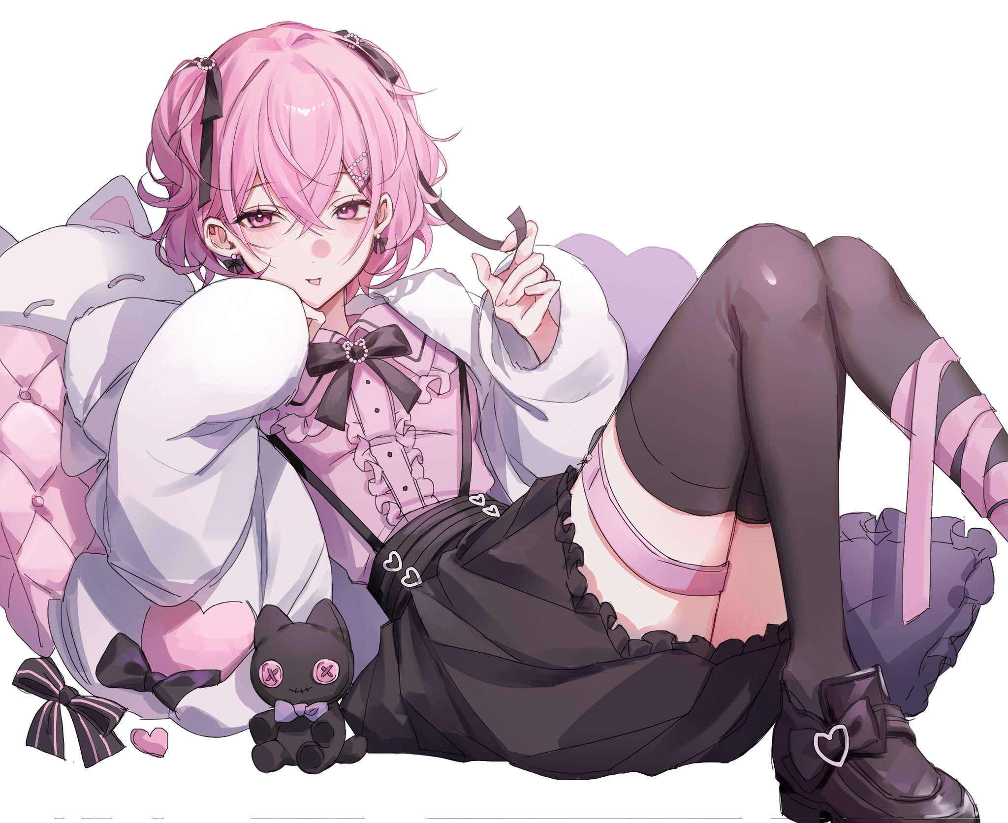 gumi 070, nqrse, indie utaite, hashtag-only commentary, highres, 1girl, black ribbon, black shoes, black skirt, black thighhighs, center frills, earrings, frills, hair between eyes, hair ribbon, hashtag hair ornament, jacket, jewelry, jirai kei, light smile, loafers, looking at viewer, nqrse no neko, pink eyes, pink hair, pink shirt, ribbon, shirt, shoes, short hair, simple background, skirt, solo, stuffed animal, stuffed cat, stuffed toy, thigh strap, thighhighs, tongue, tongue out, two side up, utaite, white background, white jacket, zettai ryouiki