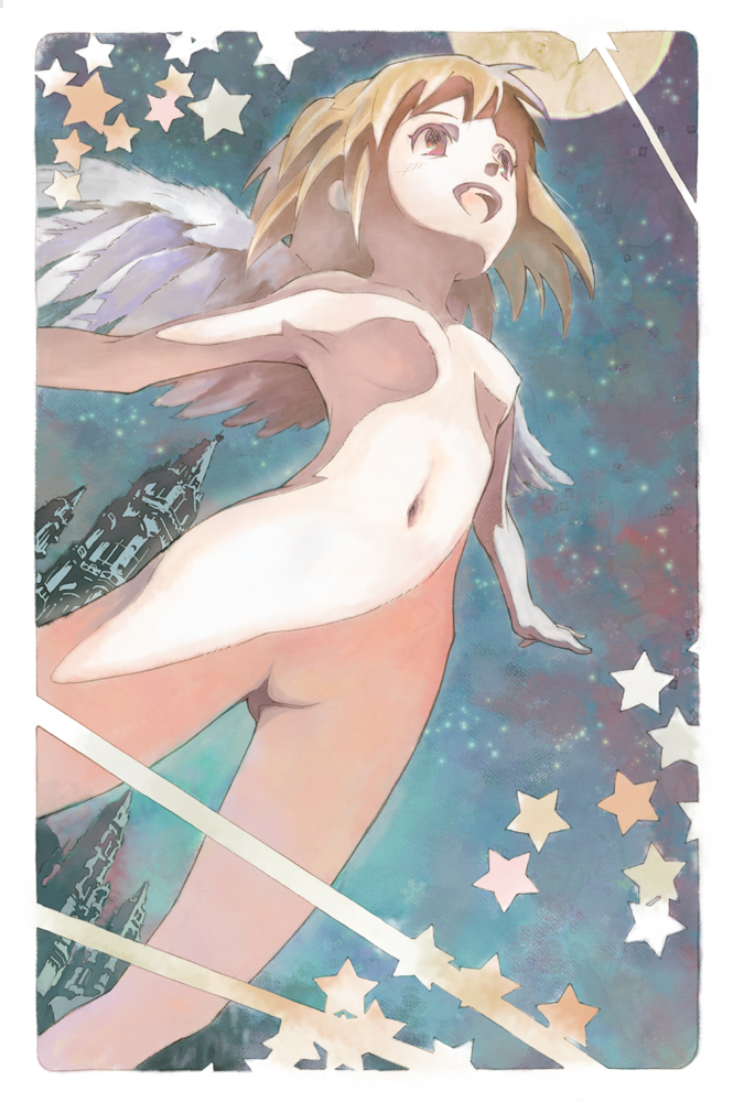 tanaka noel, original, 1girl, blonde hair, breasts, colored eyelashes, female focus, medium breasts, navel, nude, short hair, solo, star (symbol), wings