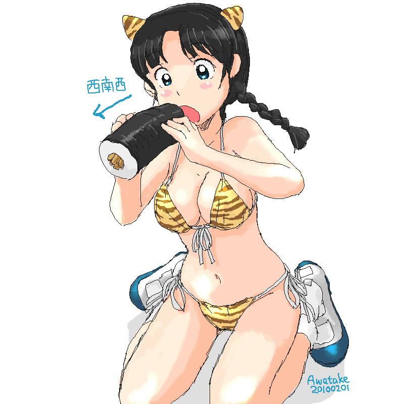 awatake takahiro, original, 10s, 1girl, 2010, animal print, arrow (symbol), artist name, bikini, black hair, blue eyes, braid, breasts, cleavage, dated, eating, ehoumaki, female focus, food, front-tie bikini top, front-tie top, horns, makizushi, medium breasts, navel, oni, setsubun, shoes, side-tie bikini bottom, solo, sushi, swimsuit, tiger print, twin braids, uwabaki