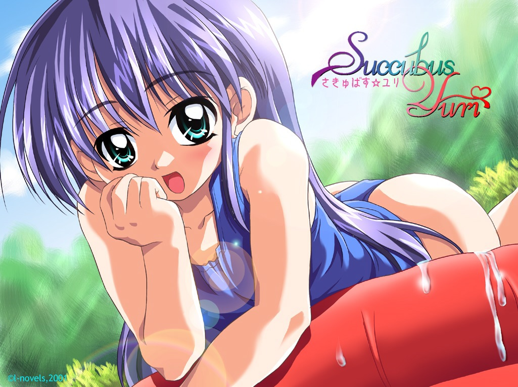 sorimura youji, original, 1girl, :d, ass, bent over, female focus, flat chest, green eyes, light rays, loli, long hair, looking at viewer, one-piece swimsuit, open mouth, pool, purple hair, school swimsuit, smile, solo, sunbeam, sunlight, swimsuit, wading pool, water, watermark