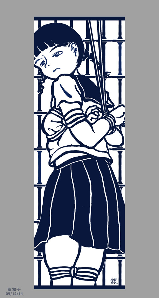 gin-nasu-en, original, 1girl, arms behind back, bdsm, bondage, bound, bound knees, bound wrists, braid, breast bondage, breasts, dated, female focus, flat color, frown, knees together feet apart, legs together, monochrome, rope, school uniform, serafuku, shibari, signature, solo, standing, twin braids