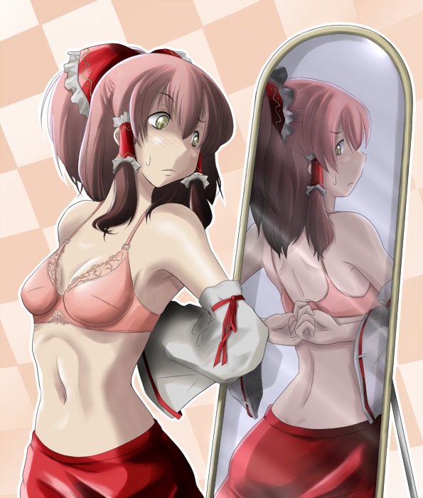 ao usagi, hakurei reimu, touhou, 1girl, adjusting bra, adjusting clothes, armpits, bra, brown hair, detached sleeves, female focus, japanese clothes, lingerie, looking back, midriff, miko, mirror, pink bra, reflection, solo, underwear, undressing