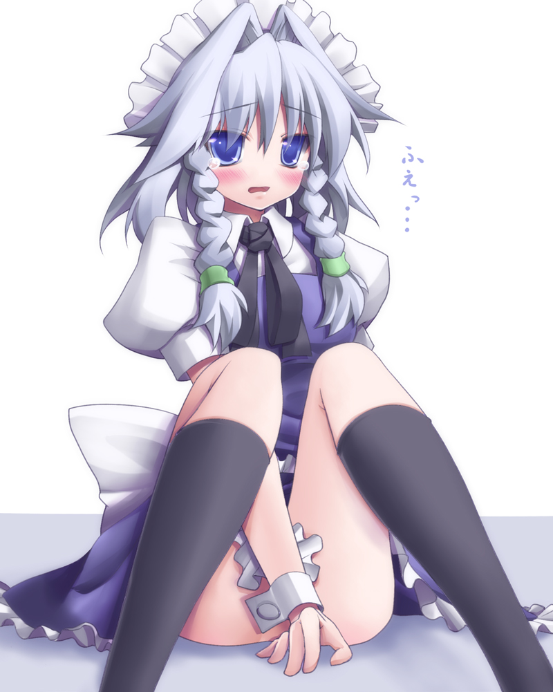 yosugara shou, izayoi sakuya, shou, touhou, silver hair, 1girl, blue eyes, braid, female focus, maid, solo, tears