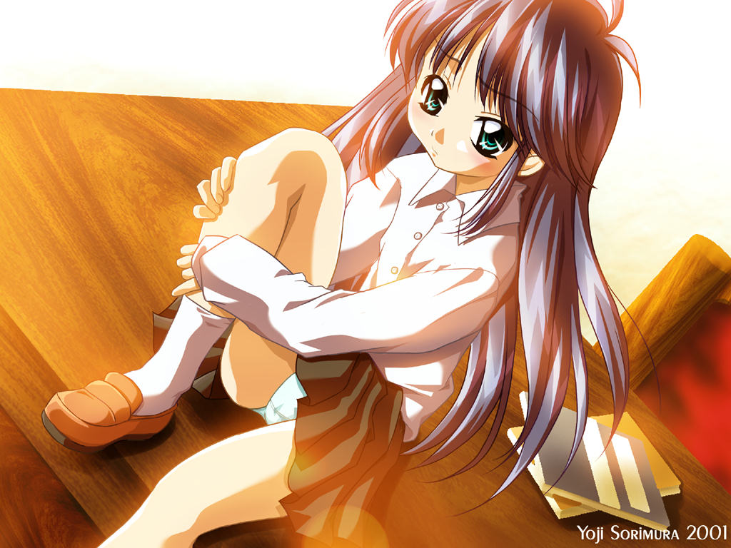 sorimura youji, original, 1girl, blue panties, blush, desk, female focus, green eyes, long hair, on desk, panties, pantyshot, sitting, solo, underwear, watermark