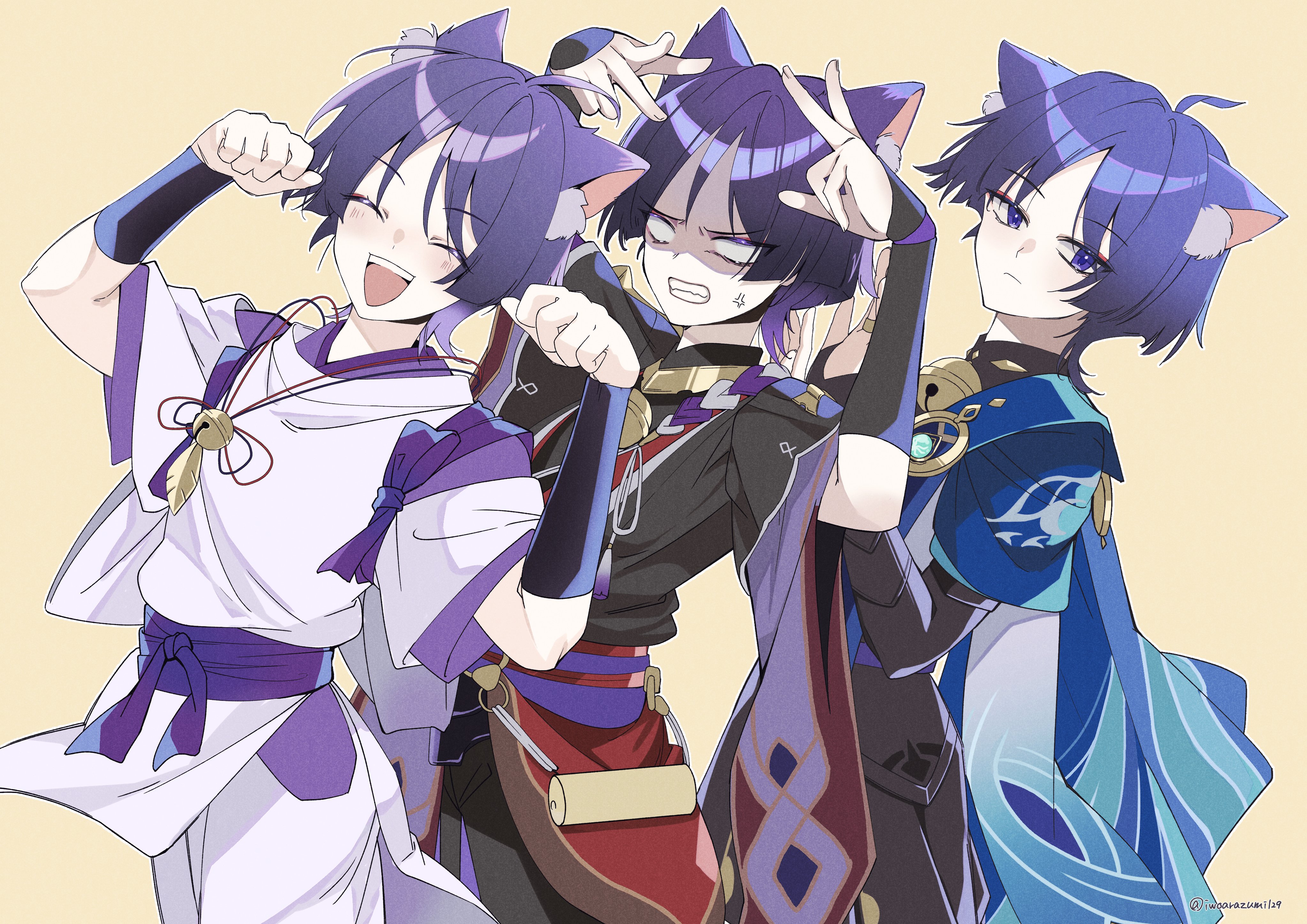 scaramouche (genshin impact), scaramouche (kabukimono) (genshin impact), wanderer (genshin impact), genshin impact, absurdres, commentary request, highres, 3boys, ahoge, anemo symbol (genshin impact), animal ear fluff, animal ears, aqua gem, armor, bell, black bodysuit, black bridal gauntlets, black shorts, black sleeves, blank eyes, blue cape, blue sleeves, blunt ends, bodysuit, bow, bridal gauntlets, cape, cat boy, cat ears, choppy bangs, clenched teeth, closed eyes, closed mouth, clothing cutout, colored eyelashes, eyelashes, eyeliner, facing viewer, feathers, fingernails, furisode, gem, gold, hands up, hip vent, iwoarazumi129, japanese armor, japanese clothes, jewelry, jingle bell, kariginu, kimono, kote, kurokote, layered sleeves, leaning back, looking at viewer, makeup, mandarin collar, multiple boys, multiple persona, neck ring, o-ring, open mouth, pale skin, pants, paw pose, pelvic curtain, purple bow, purple eyes, purple kimono, purple rope, purple sash, purple sleeves, red eyeliner, red sash, rope, sash, shaded face, shimenawa, short sleeves, shorts, string, tasuki, teeth, tsurime, twitter username, upper teeth only, vision (genshin impact), w, white pants, white rope, white sleeves, white trim, yellow background, yellow feathers
