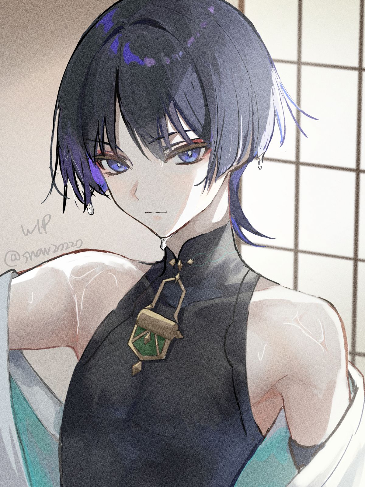 snow20200, scaramouche (genshin impact), wanderer (genshin impact), genshin impact, hashtag-only commentary, highres, unfinished, 1boy, bishounen, black bodysuit, blunt ends, bodysuit, bright pupils, closed mouth, colored inner hair, covered collarbone, expressionless, eyeliner, indoors, japanese clothes, kimono, looking at viewer, makeup, male focus, mandarin collar, multicolored hair, off shoulder, parted bangs, portrait, purple eyes, purple hair, red eyeliner, sliding doors, solo, streaked hair, tsurime, twitter username, wet, wet hair, white kimono, white pupils, wispy bangs